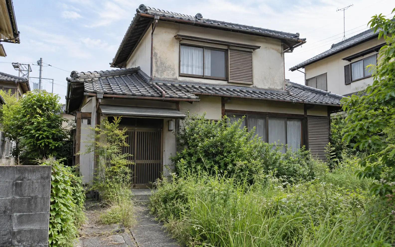 庭木や草が生い茂った築古空き家の事例イメージ