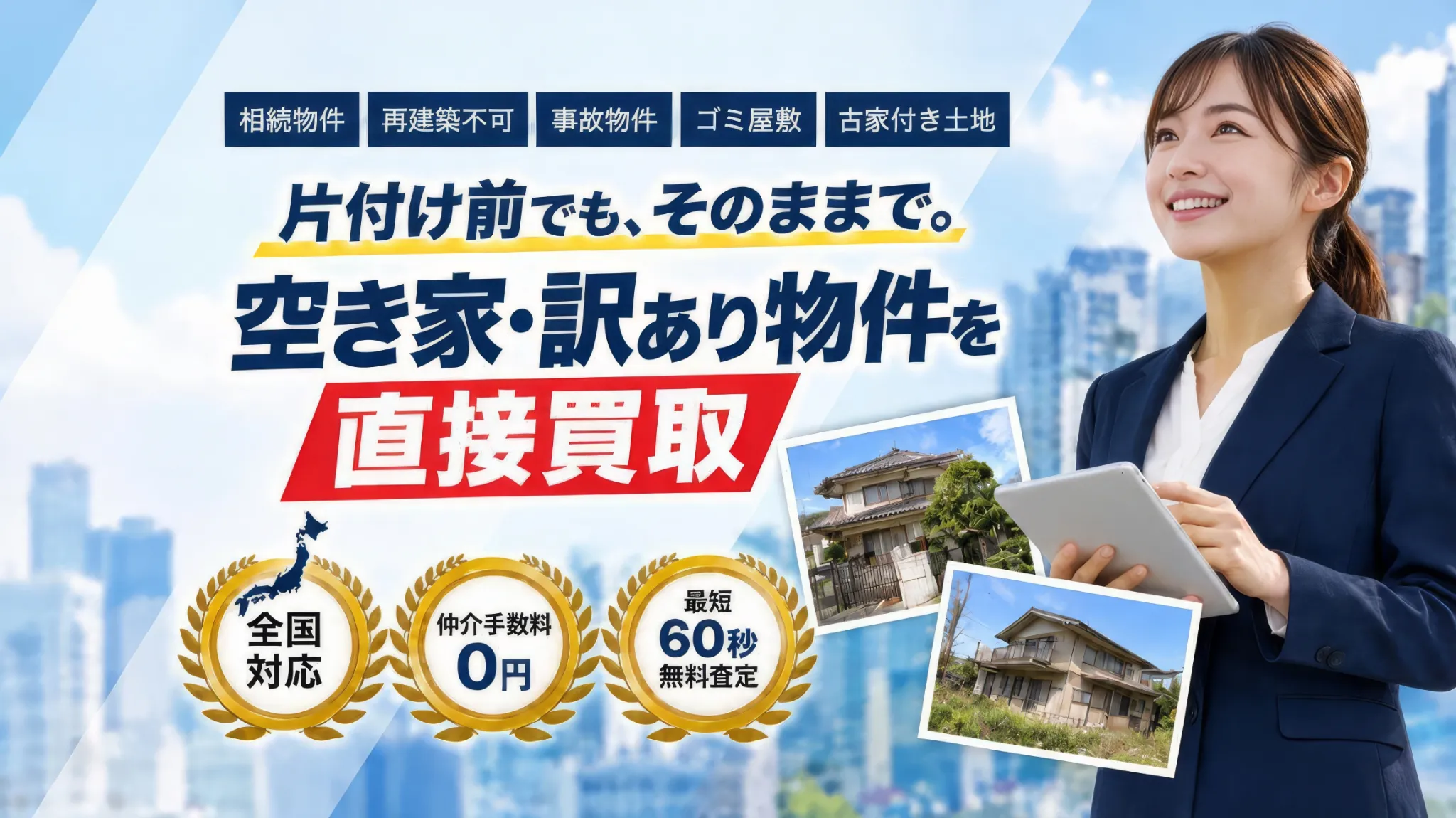 片付け前の空き家・訳あり物件を、全国対応・仲介手数料0円で直接買取する無料査定のご案内