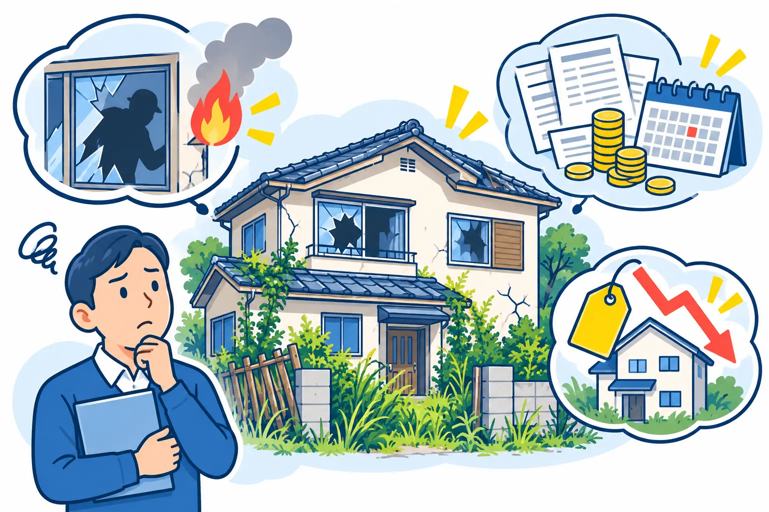 放置された空き家に起こりうる不法侵入、火災、維持費、老朽化、資産価値低下を表したイラスト